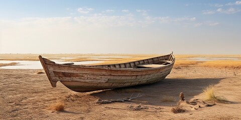 A traditional Marsh Arab canoe known as a Mashoof abandoned on the dry earth of the southern marshes of Iraq during a harsh summer drought caused by climate change and political instab : Generative AI