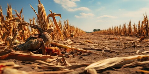 Corn plants wilting and dead in cornfield. Herbicide damage, drought and hot weather concept : Generative AI - obrazy, fototapety, plakaty