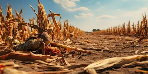 Fotobehang Corn plants wilting and dead in cornfield. Herbicide damage, drought and hot weather concept : Generative AI © Generative AI