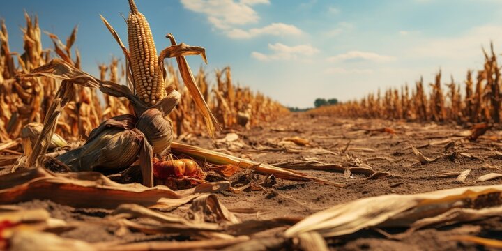 Corn plants wilting and dead in cornfield. Herbicide damage, drought and hot weather concept : Generative AI