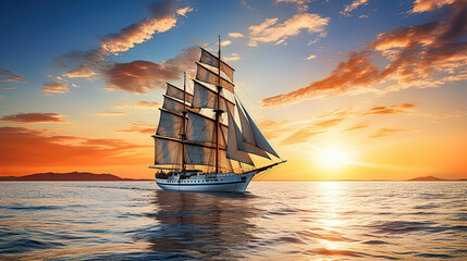 Big sailing ship at sunset sailing through the sea with a blue and orange sky on the background. Large sailing yacht sailing on bright sunny day with clear calm water. Sail vessel in transparent water - obrazy, fototapety, plakaty
