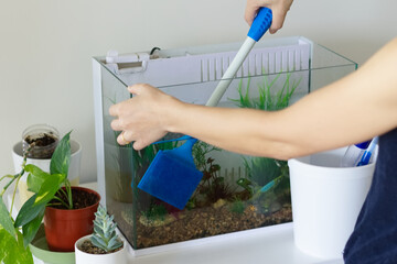 水槽のガラス面を掃除する女性の手元2 © MyBears