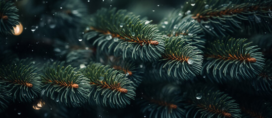 Christmas tree outdoor with snow falling, lights bokeh around,light night blur bokeh on christmas tree background
