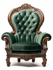 Luxurious, antique green armchair on a white, isolated background. Old, palace furniture. Side...