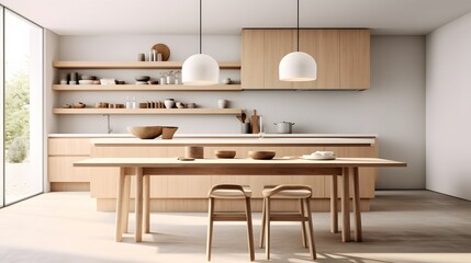 Modern scandinavian, minimalist interior design of kitchen with island, dining table and wooden stool.