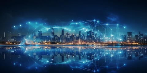 Smart city and big data connection technology concept with digital blue wavy wires with antennas on night megapolis city skyline background, double exposure : Generative AI - obrazy, fototapety, plakaty