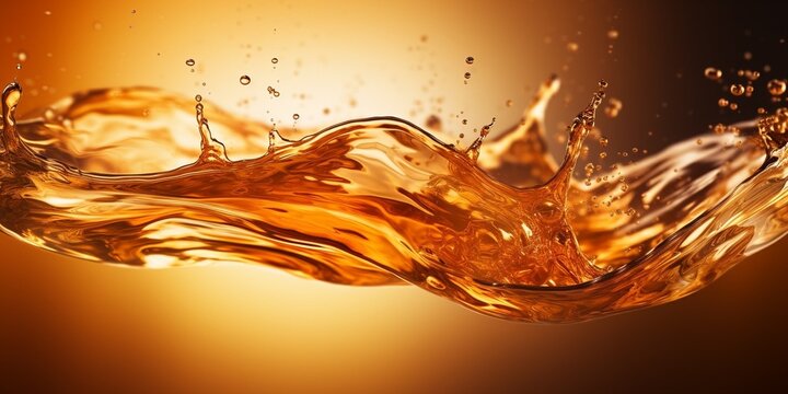 Liquid golden splash texture, abstract beverages background. Whisky, rum, cognac, tea or oil. : Generative AI