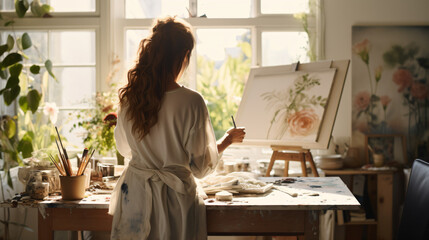 明るい部屋のアトリエの窓際で、キャンバスに絵の具で水彩画を描くエプロンをした女性の後ろ姿