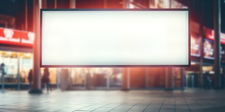 blank showcase billboard or advertising light box for your text message or media content with blurred image of ticket sales counter at movie theater, advertisement, marketing, entertai : Generative AI