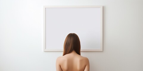 Unrecognizable Female Hanging Blank Poster In Frame On White Wall Standing Back To Camera Indoors. Modern Art And Decor For Domestic Interior Concept. Mockup : Generative AI