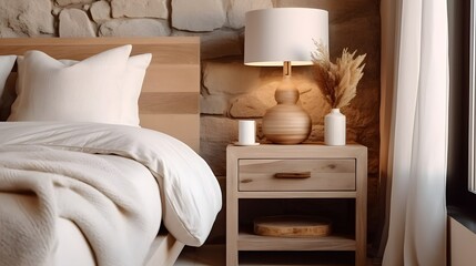 Fototapeta na wymiar Rustic bedside cabinet near bed with beige pillows. Farmhouse interior design of modern bedroom.