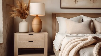 Rustic bedside cabinet near bed with beige pillows. Farmhouse interior design of modern bedroom.
