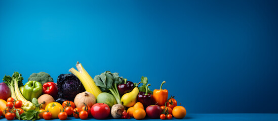 A colorful assortment of fruits and vegetables on a vibrant blue background with ample space for text or design elements, - obrazy, fototapety, plakaty