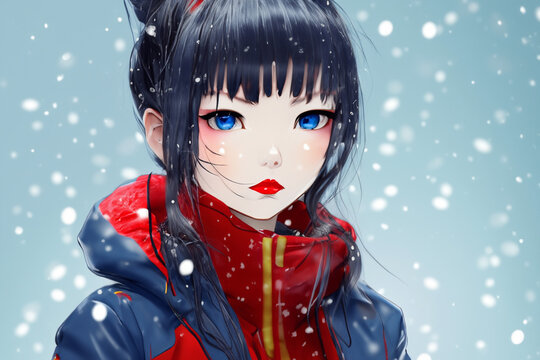 Young girl in snow for social network design. Web header winter female face for social media, avatar. Closeup winter woman in snow face. Teen, teenager anime drawing portrait.