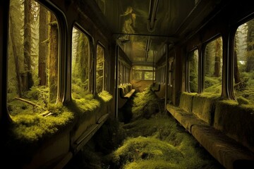 Train journeys through thick woods. Generative AI - obrazy, fototapety, plakaty