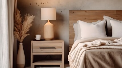Rustic bedside cabinet near bed with beige pillows. Farmhouse interior design of modern bedroom.