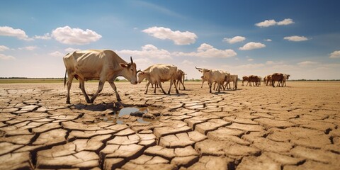 Livestock and Climate change, Thin cows walking on dry cracked earth looking for fresh water due lack of rain, an impact of drought and World Climate change. : Generative AI
