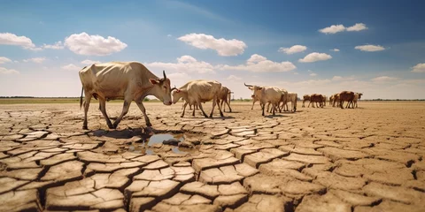 Fotobehang Livestock and Climate change, Thin cows walking on dry cracked earth looking for fresh water due lack of rain, an impact of drought and World Climate change. : Generative AI © Generative AI