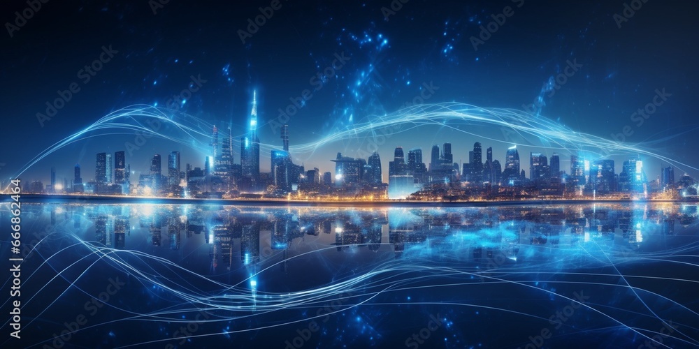 Poster smart city and big data connection technology concept with digital blue wavy wires with antennas on 