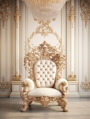 Royal king throne. Ivory armchair in baroque style decorated with semiprecious stones : Generative AI