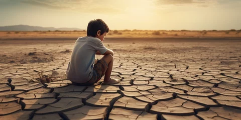 Keuken spatwand met foto Water crisis, Child sit on cracked earth near drying water. : Generative AI © Generative AI