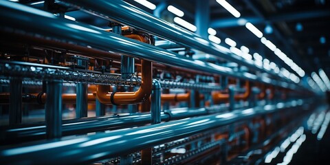 Stainless steel pipes in the factory. Construction on food production, Abstract industry background. : Generative AI - obrazy, fototapety, plakaty