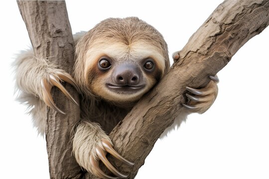 Cute two-toed sloth hanging on tree branch isolated on white background. : Generative AI