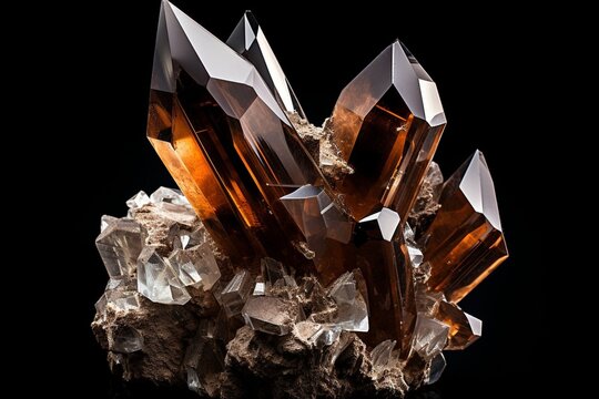 Extreme sharp and detailed closeup macro of amazing glassy Smoky Quartz Crystal mineral stone cluster isolated on white background. Natural pure translucent black/dark brown shiny spec : Generative AI