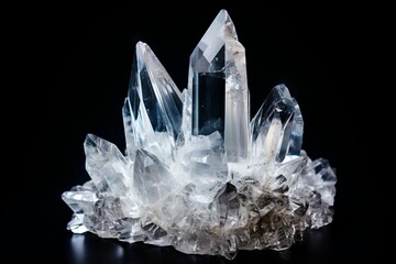 Pure Quartz Crystal cluster on black background : Generative AI