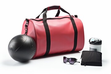 Fitness ball, gym bag and sport accessories isolated on white : Generative AI