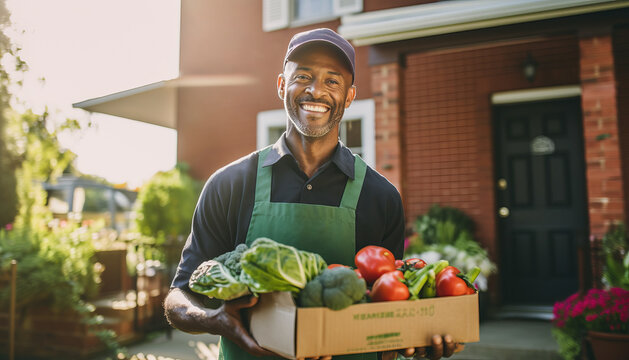 Delivery Man With Fresh Organic Vegetables At A House.