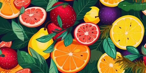 Fruits. Colorful cute screen printing effect. Riso print effect. Vector illustration. Graphic...