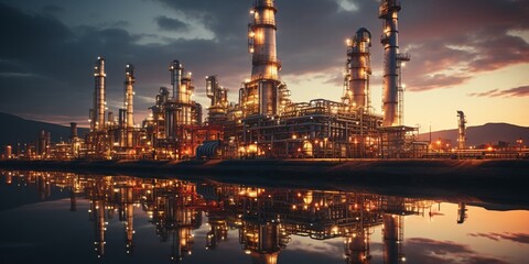 Obraz premium Close up Industrial view at oil refinery plant form industry zone with sunrise and cloudy sky : Generative AI