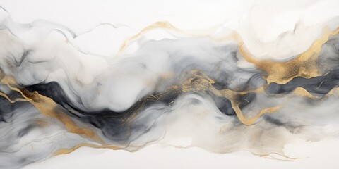 Abstract grey art with gold — marble background with beautiful smudges and stains made with alcohol ink and golden pigment. Black and white fluid texture resembles marble, watercolor o : Generative AI - obrazy, fototapety, plakaty