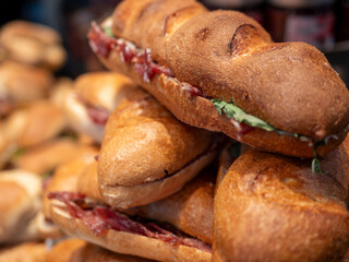 Delicious Hearty Baguette Sandwiches with Layers of Meat, Lettuce and Cheese