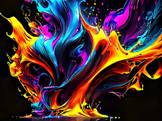 Abstract Liquid Splash Rainbow Colored Blue, Yellow,Purple Orange Black Background Wallpaper