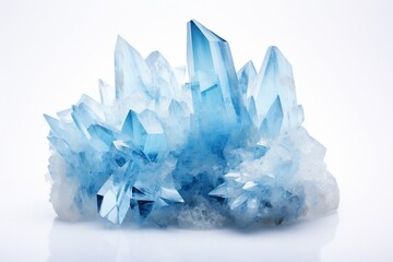 Fototapeta premium Sky Blue Celestine Crystal Stone macro mineral gemstone. Natural Azure rough Celestite crystals cluster isolated on white background : Generative AI