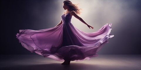 Woman dancing in flowing purple dress in studio : Generative AI