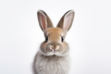 Front view of white cute baby holland lop rabbit standing on pink background. Lovely action of young rabbit. : Generative AI