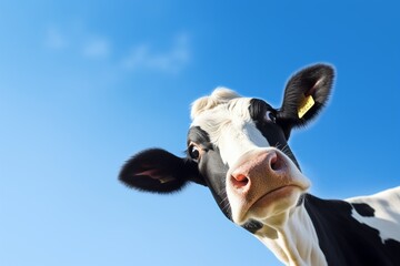 cow isolated on white, black and white gentle surprised look, pink nose, in front of a blue sky. :...