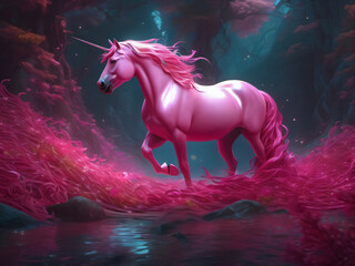 Fantasy Pink Unicorn Horse in Forest with River