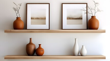 Fototapeta na wymiar Wood floating shelf with frames and vases on white wall. Storage organization for home. Interior design of modern living room.