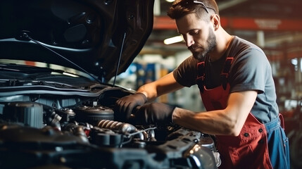 An auto mechanic working on car in a garage