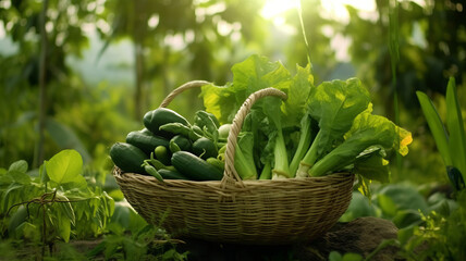 fresh green mix vegetables in big basket in field green plants with agricultural background