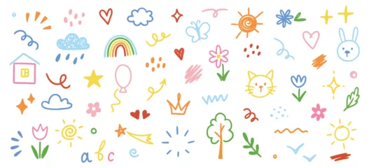 Foto op Plexiglas Cute kid scribble line flower, heart. rainbow background. Hand drawn doodle sketch childish element set. Flower, heart, cloud children draw style design elements background. Vector illustration © Polina Tomtosova