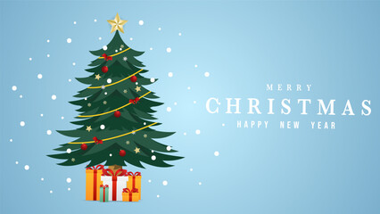 Christmas tree with gift with snow on
ิblue background  , Flat Modern design , illustration Vector EPS 10