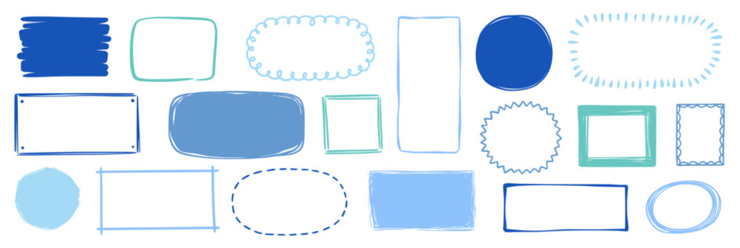 Hand drawn doodle color frame set. Box, square, rectangle, circle shape brush pen line stroke scribble element. Hand drawn simple oval, square frame for text border. Vector illustration