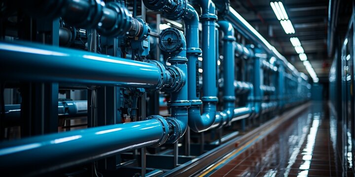 PVC pipeline an industrial city water treatment boiler room. Valves and pipe conections. : Generative AI