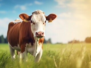 Brown milk cow grazing on green grass at farm grassland. : Generative AI