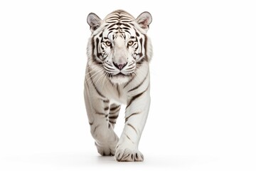 Strong white tiger walking, isolated on white background : Generative AI